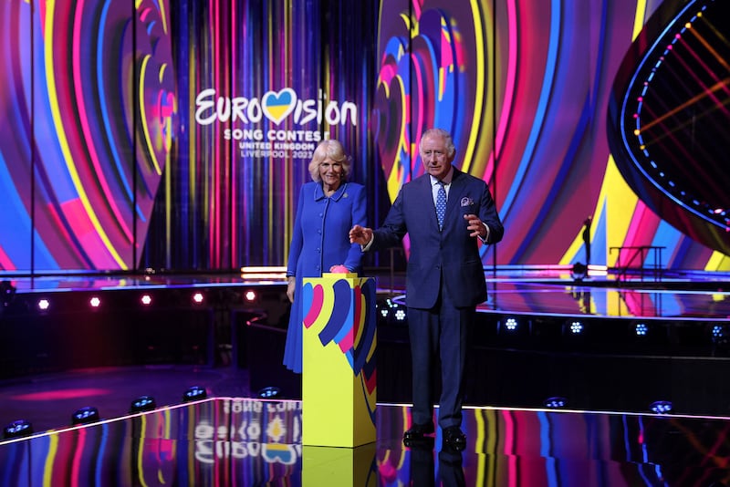 King Charles and Queen Camilla switch on stage lighting as they visit the host venue of the Eurovision Song Contest, the M&S Bank Arena in Liverpool in April 
