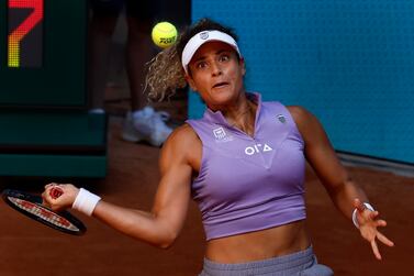 Egyptian Mayar Sherif in action during the round of 16 match against Belgian Elise Mertens at the Madrid Open tennis tournament, held at the Magic Box in Madrid, Spain, 01 May 2023.   EPA / Chema Moya