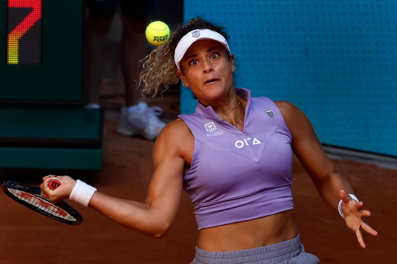 Mayar Sherif during her victory over Elise Mertens at the Madrid Masters on May 1, 2023.  EPA