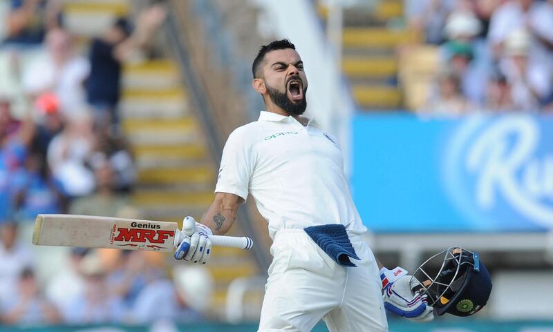 Indian cricket captain Virat Kohli celebrates after scoring a century during the second day of the first test cricket match between England and India at Edgbaston in Birmingham, England, Thursday, Aug. 2, 2018. (AP Photo/Rui Vieira)