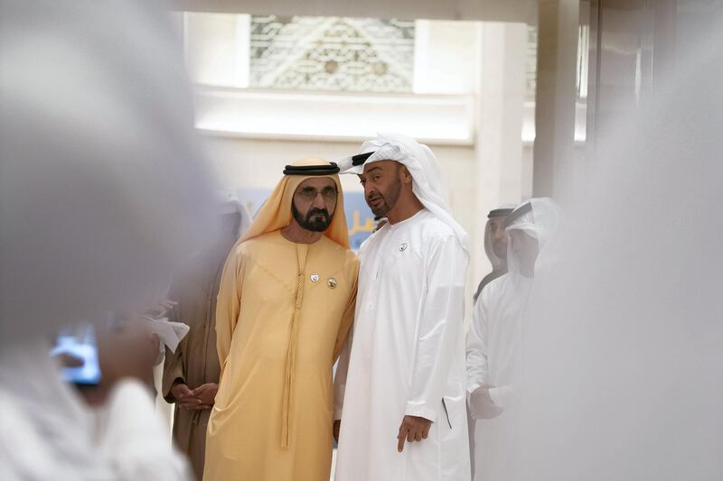 ABU DHABI, UNITED ARAB EMIRATES - March 10, 2019: HH Sheikh Mohamed bin Zayed Al Nahyan, Crown Prince of Abu Dhabi and Deputy Supreme Commander of the UAE Armed Forces (R) and HH Sheikh Mohamed bin Rashid Al Maktoum, Vice-President, Prime Minister of the UAE, Ruler of Dubai and Minister of Defence (L),  attend the Determination Retreat, at the Presidential Palace..

( Mohamed Al Hammadi / Ministry of Presidential Affairs )
---