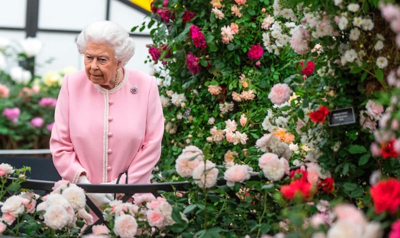 Britain's Queen Elizabeth II looks at a display of roses on the Peter Beale stand as she visits the 2018 Chelsea Flower Show in London. Richard Pohle  / AFP Photo