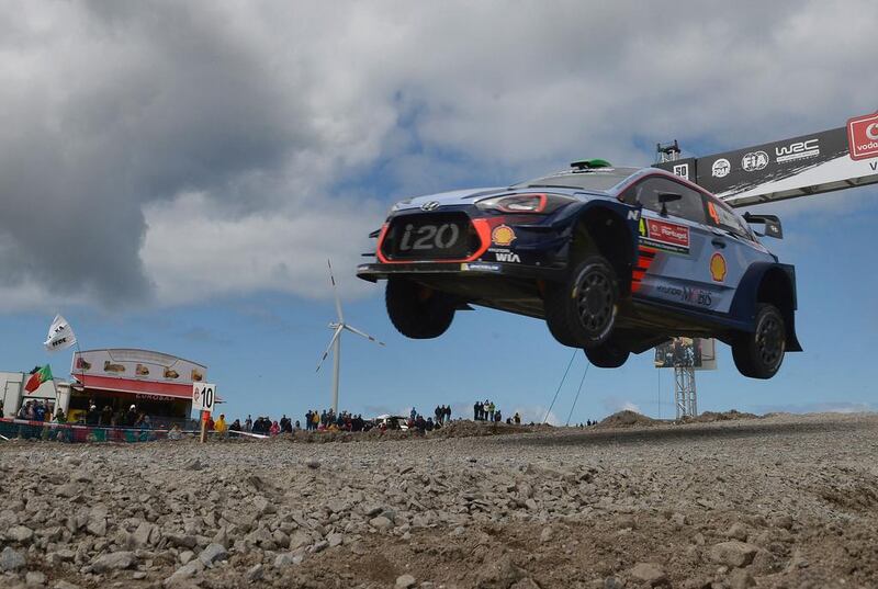 New Zealand driver and co-driver, Hayden Paddon and John Kennard, steer their Hyundai i20 Coupe WRC in Viana do Castelo, Portugal, on May 19, 2017, during the first stage of the Portugal WCR rally. Miguel Riopa / Agence France-Presse