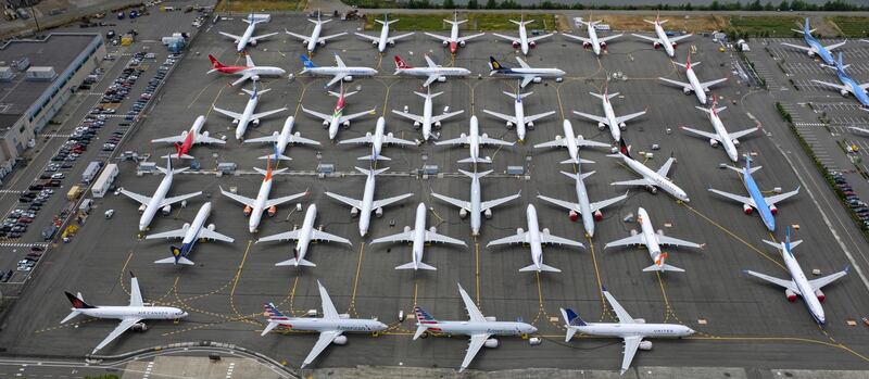 SEATTLE, WA - JUNE 27: Boeing 737 MAX airplanes are stored in an area adjacent to Boeing Field, on June 27, 2019 in Seattle, Washington. After a pair of crashes, the 737 MAX has been grounded by the FAA and other aviation agencies since March, 13, 2019. The FAA has reportedly found a new potential flaw in the Boeing 737 Max software update that was designed to improve safety.   Stephen Brashear/Getty Images/AFP