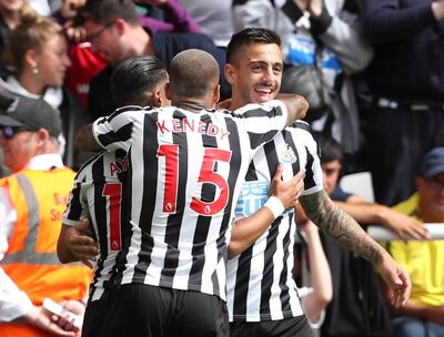 Soccer Football - Premier League - Newcastle United v Tottenham Hotspur - St James' Park, Newcastle, Britain - August 11, 2018   Newcastle United's Joselu celebrates scoring their first goal    REUTERS/Scott Heppell    EDITORIAL USE ONLY. No use with unauthorized audio, video, data, fixture lists, club/league logos or "live" services. Online in-match use limited to 75 images, no video emulation. No use in betting, games or single club/league/player publications.  Please contact your account representative for further details.