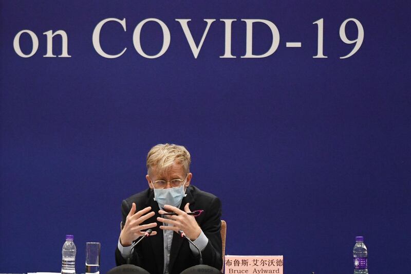 Bruce Aylward, head of the WHO-China Joint Mission on covid-19 speaks at a press conference in Beijing. AFP