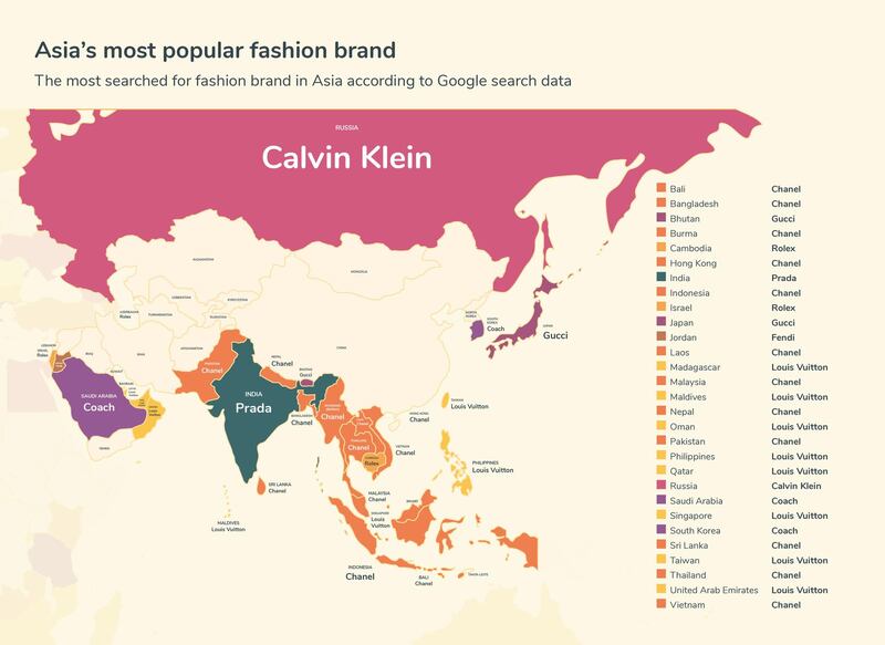 A map showing the most searched-for fashion brands. Courtesy Money.co.uk