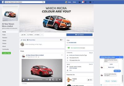 A screenshot of Nissan's Facebook 'chatbot'. Facebook