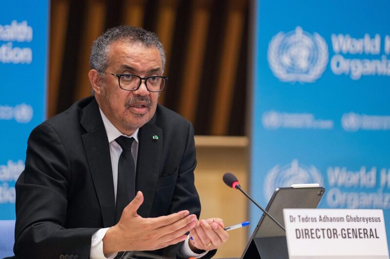 This handout picture taken and released on February 12, 2021 by World Health Organization (WHO) shows  WHO Director-General Tedros Adhanom Ghebreyesus delivering remarks during a press conference on February 12, 2021 in Geneva. The head of the World Health Organization said on February 12, 2021 that all hypotheses on the origins of the Covid-19 pandemic remained on the table following the WHO's investigation in China. - RESTRICTED TO EDITORIAL USE - MANDATORY CREDIT "AFP PHOTO/ CHRIS BLACK/ WORLD HEALTH ORGANIZATION" - NO MARKETING - NO ADVERTISING CAMPAIGNS - DISTRIBUTED AS A SERVICE TO CLIENTS
 / AFP / World Health Organization / Christopher Black / RESTRICTED TO EDITORIAL USE - MANDATORY CREDIT "AFP PHOTO/ CHRIS BLACK/ WORLD HEALTH ORGANIZATION" - NO MARKETING - NO ADVERTISING CAMPAIGNS - DISTRIBUTED AS A SERVICE TO CLIENTS
