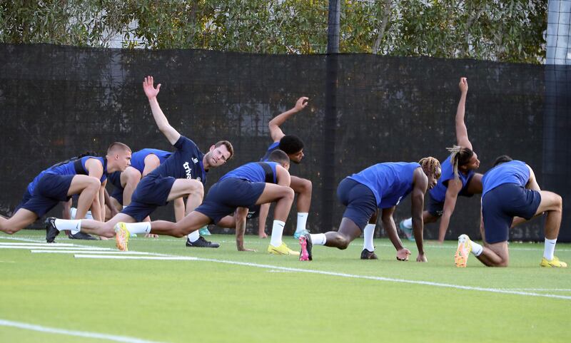Chelsea players warm up at the Ritz Carlton.