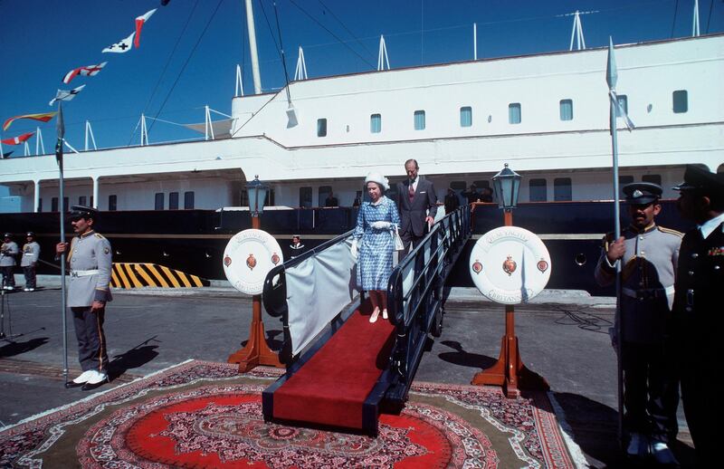 KUWAIT - FEBRUARY 13:  The Queen And Prince Philip Coming Ashore From The Royal Yacht Britannia To Say Farewell To The Amir Of Kuwait And His Ministers.  (day Date Not Certain. Gulf Tour Dates 12 Feb - 1 March 1979)  (Photo by Tim Graham Photo Library via Getty Images)