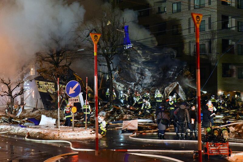 epa07235359 Firefighters work on site where a large explosion occurred at a restaurant in Sapporo, Japan, 16 December 2018. According to local media reports, an explosion that triggered a fire occurred at a restaurant in Sapporo in the evening of 16 December. The cause of the explosion is still unknown. At least 20 people have been reported injured and taken to hospitals.  EPA/JIJI PRESS JAPAN OUT EDITORIAL USE ONLY/ BEST QUALITY AVAILABLE  NO ARCHIVES
