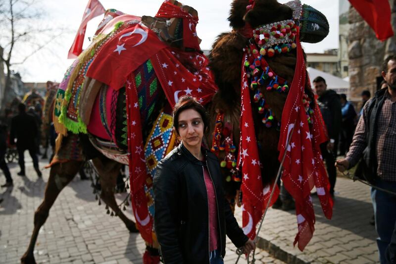 A camel owner shows off the beast's decorations. AP