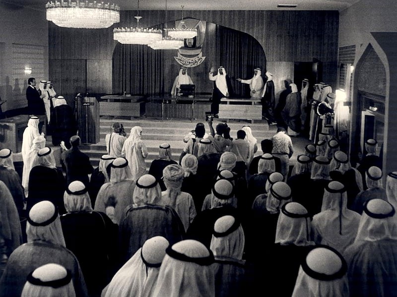 The late Sheikh Zayed Bin Sultan attending the first session of the National Consultative Council in Abu Dhabi, October 3, 1971. Photo: Al Ittihad

