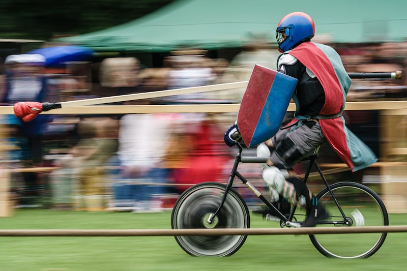 A participant during the Berlin Pedal Battle games, where cyclists in knight's armour battle in a jousting competition, a martial game originally practised by medieval knights on horses, fighting with lances. The idea originated in 2012 with a group of bike couriers from Berlin. EPA
