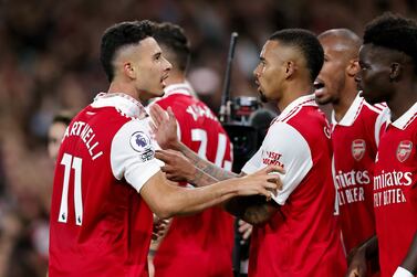 LONDON, ENGLAND - AUGUST 31: Gabriel Martinelli of Arsenal celebrates scoring their side's second goal with teammate Gabriel Jesus during the Premier League match between Arsenal FC and Aston Villa at Emirates Stadium on August 31, 2022 in London, England. (Photo by David Rogers / Getty Images)