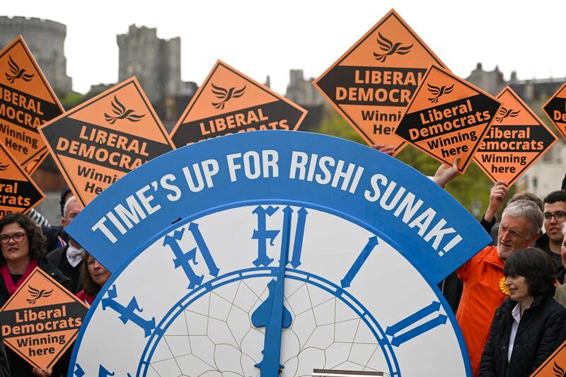 A clock reading, 'Time's Up For Rishi Sunak!' is displayed in Windsor, England, in May. Getty