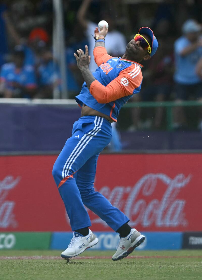 India's Suryakumar Yadav celebrates catching out Bangladesh's Liton Das. AFP