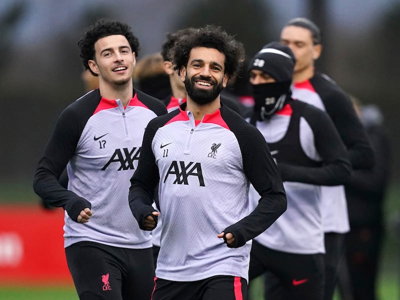 Liverpool's Mohamed Salah and Curtis Jones during a training session at the AXA Training Centre on Monday, February 20, 2023, ahead of their Champions League last-16 match against Real Madrid. PA
