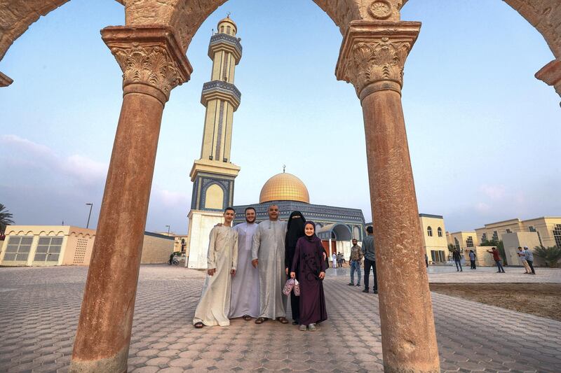 Abu Dhabi, U.A.E., August 21 , 2018.  Early morning prayers at the Masjid Bani Hashim mosque.  The Mostafa family, (L-R) Salah-19, Mohammed-21, Mostafa Salah-46, Asmaa Soliman, and Fatma-10.
Victor Besa / The National
Section:  NA
Reporter:  Haneen Dajani