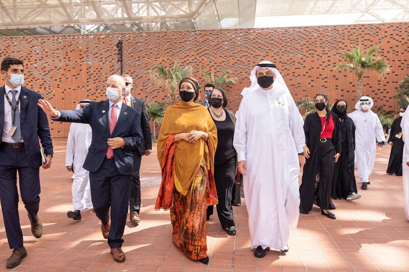 Amina Mohammed, Deputy Secretary-General of the United Nations and Chair of the United Nations Sustainable Development Group and Najeeb Mohammed Al-Ali, executive director, commissioner general office, Expo 2020 Dubai, visit the United Nations Hub during the United Nations Honour Day.