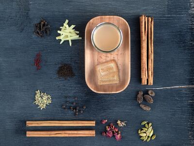 A handout photo of Karak Chai with biscuit from Karak House in Dubai (Anja Schwerin / Karak House) *** Local Caption ***  al01jl-karak-house.JPG