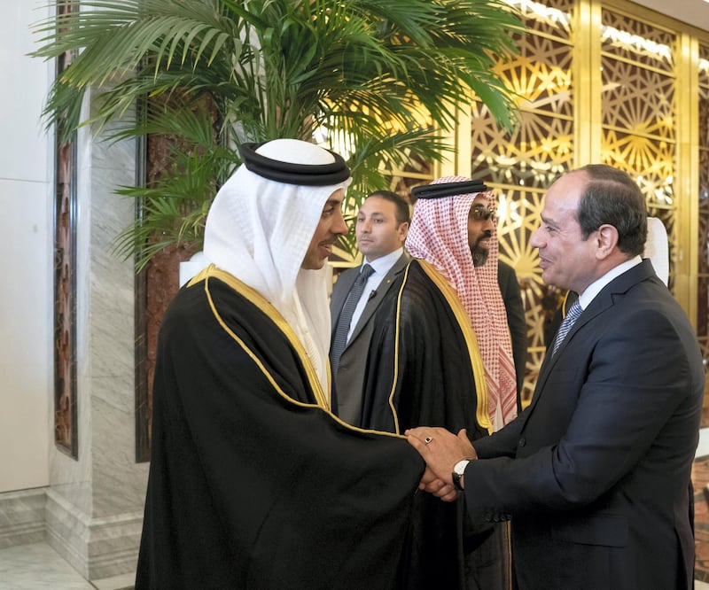 ABU DHABI, UNITED ARAB EMIRATES - November 13, 2019: HHH Sheikh Mansour bin Zayed Al Nahyan, UAE Deputy Prime Minister and Minister of Presidential Affairs (L) greets HE Abdel Fattah El Sisi, President of Egypt (R), at the Presidential Airport.

( Mohamed Al Hammadi / Ministry of Presidential Affairs )
---