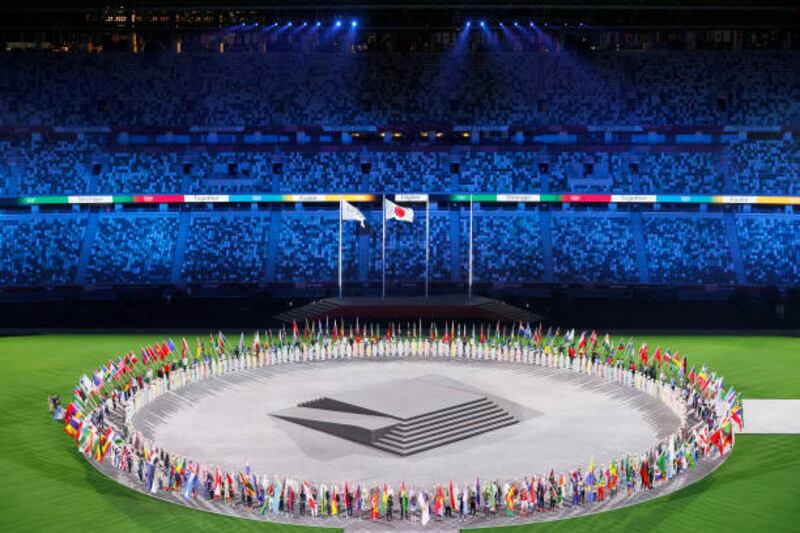 Flag bearers during the closing ceremony of the Tokyo 2020 Olympic Games at Olympic Stadium on August 08, 2021.