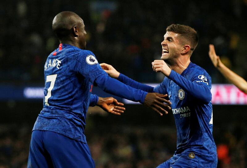 Chelsea's N'Golo Kante celebrates scoring their first goal with Christian Pulisic. Reuters