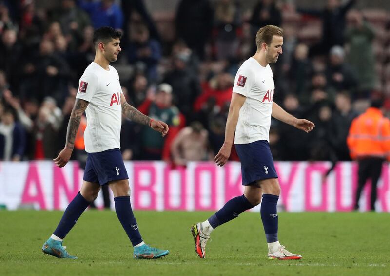 Tottenham Hotspur's Harry Kane looks dejected after the FA Cup defeat to Middlesbrough. Reuters