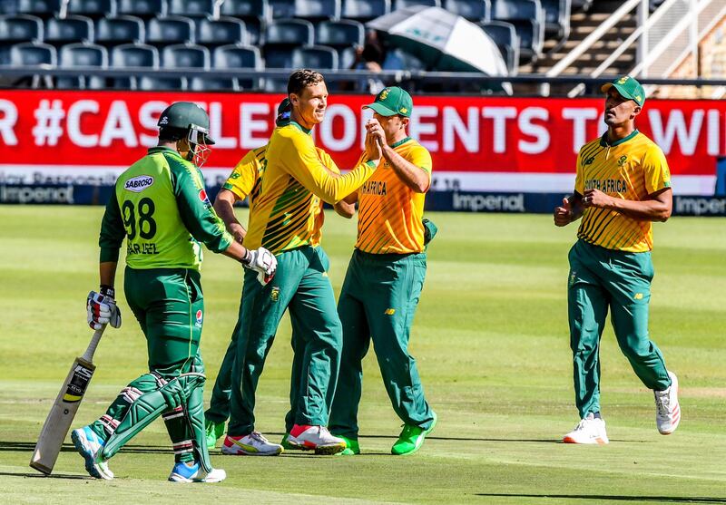 South Africa celebrate the wicket of Sharjeel Khan in Johannesburg. Getty