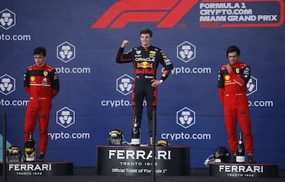 Max Verstappen celebrates his victory in the last race, the Miami GP, ahead of Charles Leclerc and Carlos Sainz. AFP