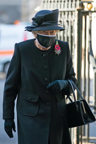 Queen Elizabeth arrives for a ceremony to mark the centenary of the burial of the Unknown Warrior in London's Westminster Abbey, Britain November 4, 2020. Picture taken November 4, 2020. Aaron Chown/Pool via REUTERS