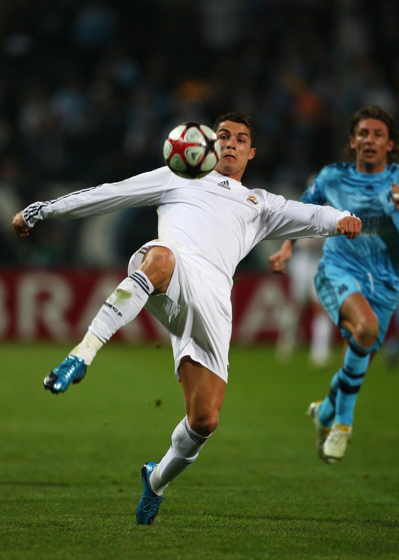 MARSEILLE, FRANCE - DECEMBER 08: Cristiano Ronaldo of Real Madrid in action during the Marseille v Real Madrid UEFA Champions League Group C match at the Stade Velodrome on December 8, 2009 in Marseille, France.  (Photo by Michael Steele/Getty Images)