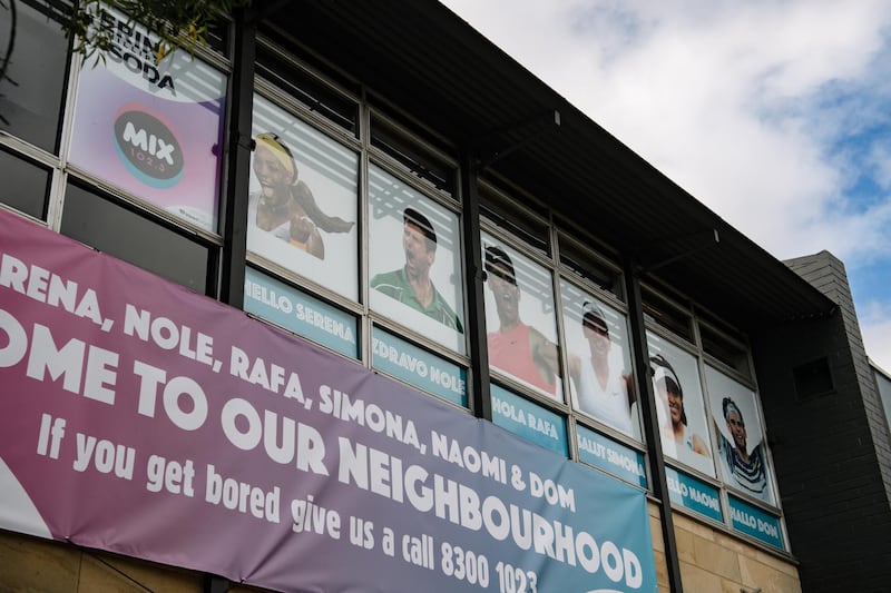 A radio station welcomes tennis players across the road from the M Suites, where some Australian Open competitors are currently under quarantine after testing positive for Covid-19, in North Adelaide, Australia. EPA