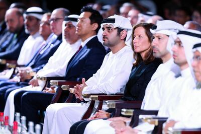 Sheikh Maktoum bin Mohammed, Deputy Prime Minister for Finance and Economic Affairs, and First Deputy Ruler of Dubai, at the Dubai FinTech Summit. Chris Whiteoak / The National