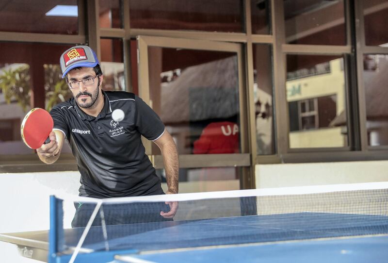 Al Ain, UAE, March 8, 2018.  UAE Special Olympics team training sessions.  UAE Men's  ping-pong player, Khaled El Shahie.
Victor Besa / The National
National
Reporter; Ramola Talwar