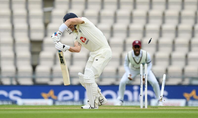 England batsman Joe Denly is bowled by Shannon Gabriel of the West Indies. Getty