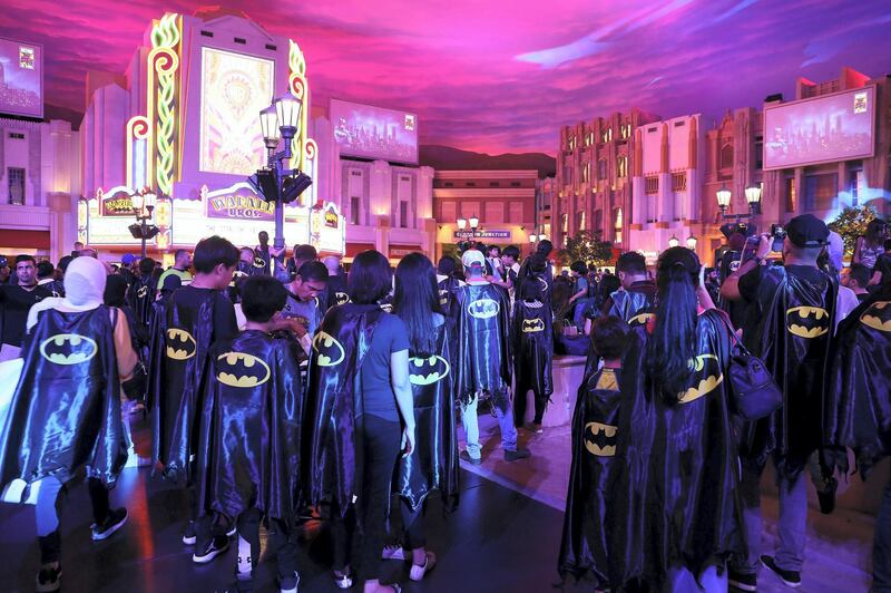 ABU DHABI ,  UNITED ARAB EMIRATES , SEPTEMBER 21 – 2019 :- People wearing capes and taking part in the Guinness World Record for the Batman’s 80th anniversary held at Warner Bros  in Abu Dhabi. ( Pawan Singh / The National ) For News/Online/Instagram