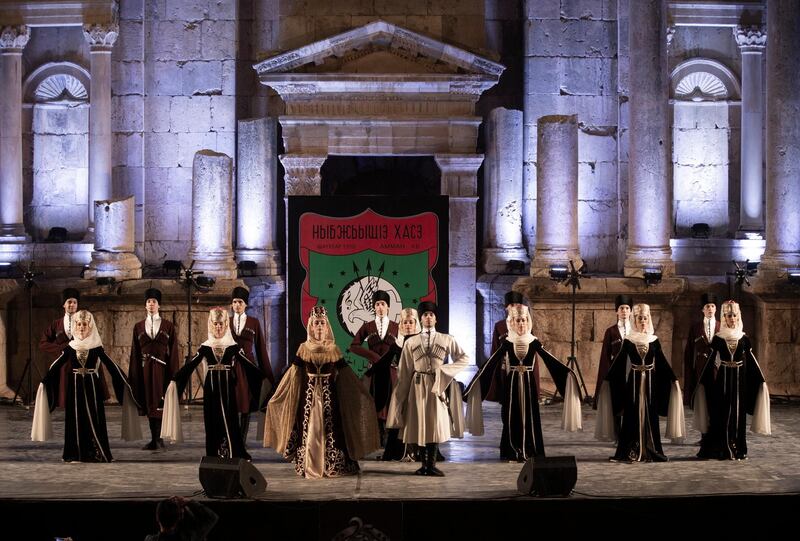 Circassian dancers from Al-Jeel Al-Jadeed Club (the New Generation Club) perform during the 2019 Jerash Festival of Culture and Arts at the Jerash archeological site, Jerash, some 46 km North of Amman, Jordan.  EPA