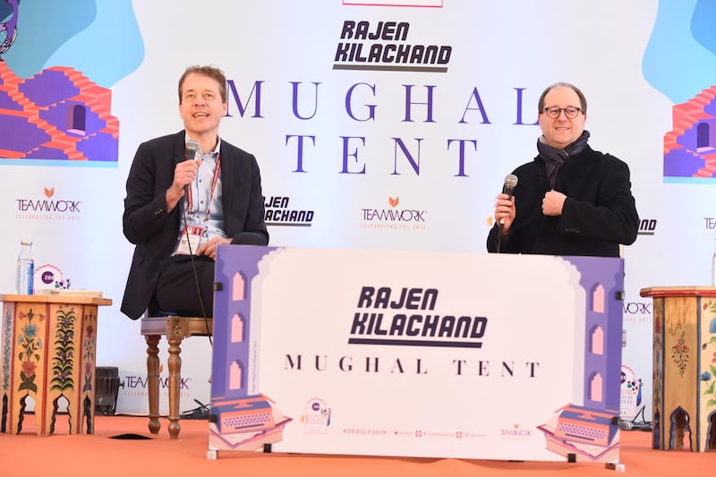 Sven Beckert (l) and host Patrick French at the Jaipur Literature Festival