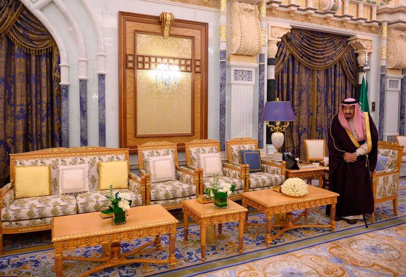 King Salman bin Abdulaziz is pictured at the Royal Court in Riyadh before meeting with Mike Pompeo. AFP