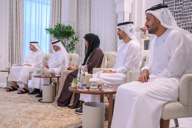 Sheikh Abdullah bin Zayed, Minister of Foreign Affairs and International Co-operation; Dr Anwar Gargash, Diplomatic Adviser to the President; Reem Al Hashimy, Minister of State for International Co-operation; Sheikh Hamdan bin Mohamed; and Sheikh Mohammed bin Hamad, Adviser for Special Affairs at the Presidential Court, attend the meeting.