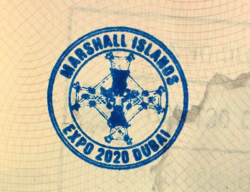 Passport stamp for the pavilion of Marshall Islands.