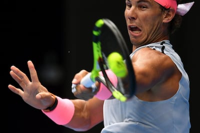 epa06459558 Rafael Nadal of Spain in action against Diego Schwartzman of Argentina during their fourth round match on day seven of the Australian Open tennis tournament, in Melbourne, Victoria, Australia, 21 January 2018.  EPA/DEAN LEWINS AUSTRALIA AND NEW ZEALAND OUT
