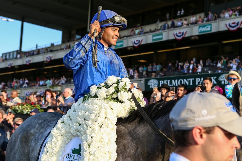 Jun 5, 2021; Elmont, New York, USA;  Essential Quality ridden by Luis Saez enters the WinnerÕs Circle after winning the 153rd running of the Belmont Stakes at Belmont Park. Mandatory Credit: Wendell Cruz-USA TODAY Sports