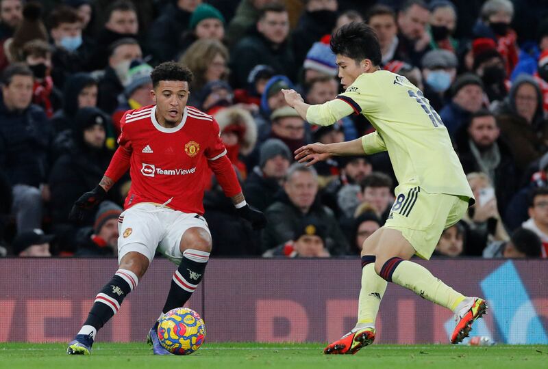 Jadon Sancho - 7: Confident start but work cut out in his tussles with Tomiyasu. Pass to Fred which led to United’s penalty. Busy last 10 minutes with one surging run out of defence with the ball and also broke to set up Fernandes. Reuters