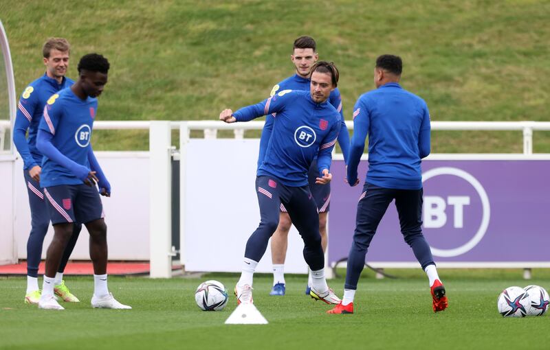 Left to right: Patrick Bamford, Bukayo Saka,  Declan Rice and Jack Grealish. Reuters