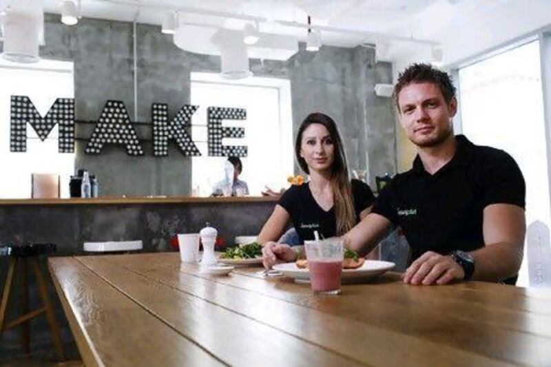 Enisa Glovovic and Marko Mladenovic founded the website Noviplus, which offers members discounts at small, ethical businesses including MAKE business hub's healthy cafe in Dubai Marina. Sarah Dea / The National