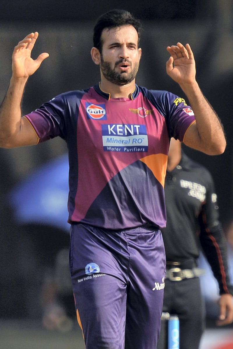 Rising Pune Supergiants bowler Irfan Pathan gestures after narrowly missing a wicket, during the 2016 Indian Premier League (IPL) Twenty20 cricket match between Rising Pune Supergiants and Kings XI Punjab, at Dr. Y.S. Rajasekhara Reddy, ACA-VDCA Cricket Stadium in Visakhapatnam on May 21, 2016. (Photo by MANJUNATH KIRAN / AFP) / ----IMAGE RESTRICTED TO EDITORIAL USE - STRICTLY NO COMMERCIAL USE----- / GETTYOUT
